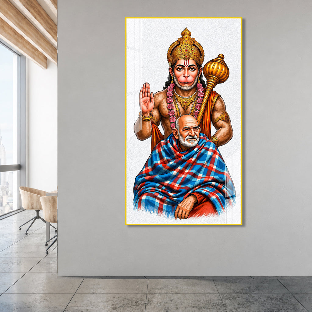 Divine Lord Hanuman Blessing Neem Kirolii Baba Acrylic Wall Painting for Home Temple Decor