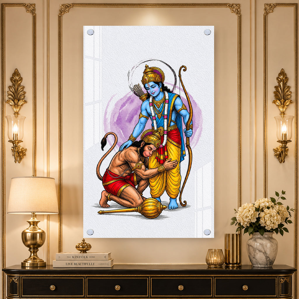 Divine Lord Rama Blessing Devotee Hanuman Acrylic Wall Painting for Home Temple and Spiritual Decor