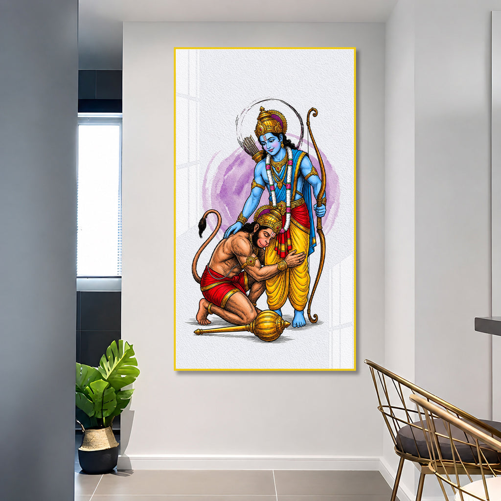 Divine Lord Rama Blessing Devotee Hanuman Acrylic Wall Painting for Home Temple and Spiritual Decor