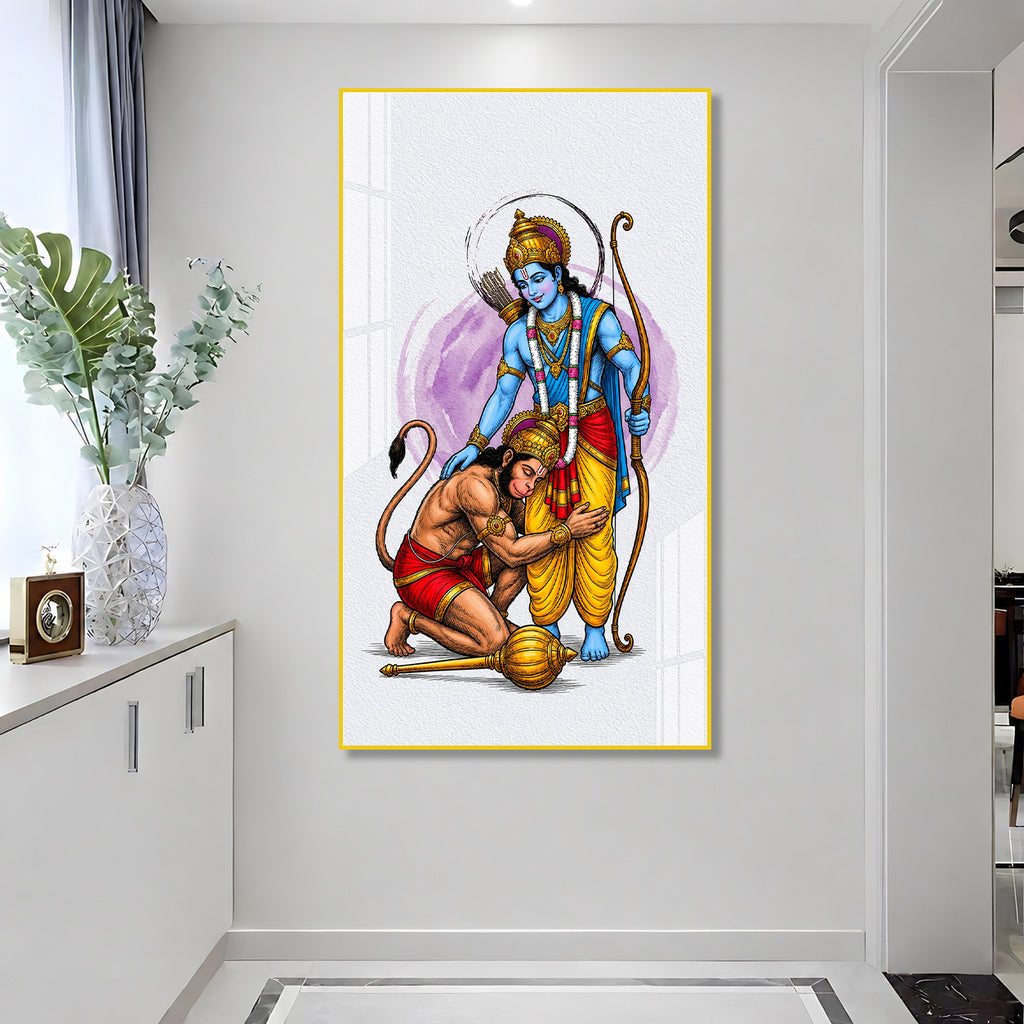 Divine Lord Rama Blessing Devotee Hanuman Acrylic Wall Painting for Home Temple and Spiritual Decor
