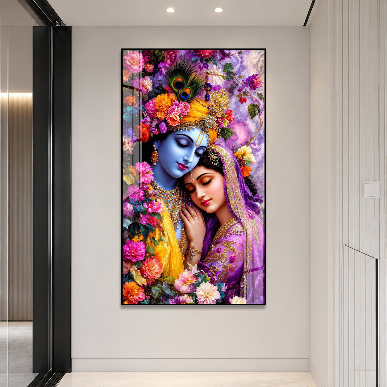Divine Radha Krishna Floral Acrylic Wall Painting for Home Temple, Bedroom and Living Room Decor
