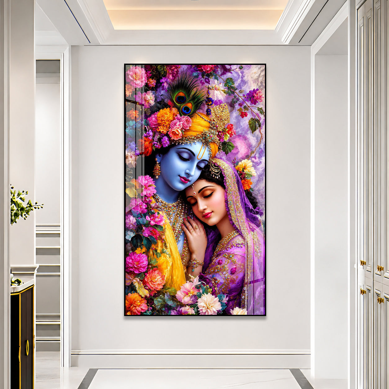 Divine Radha Krishna Floral Acrylic Wall Painting for Home Temple, Bedroom and Living Room Decor