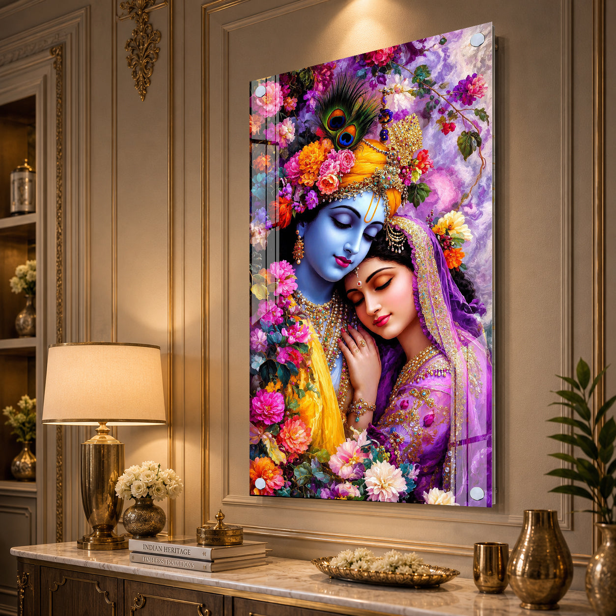 Divine Radha Krishna Floral Acrylic Wall Painting for Home Temple, Bedroom and Living Room Decor