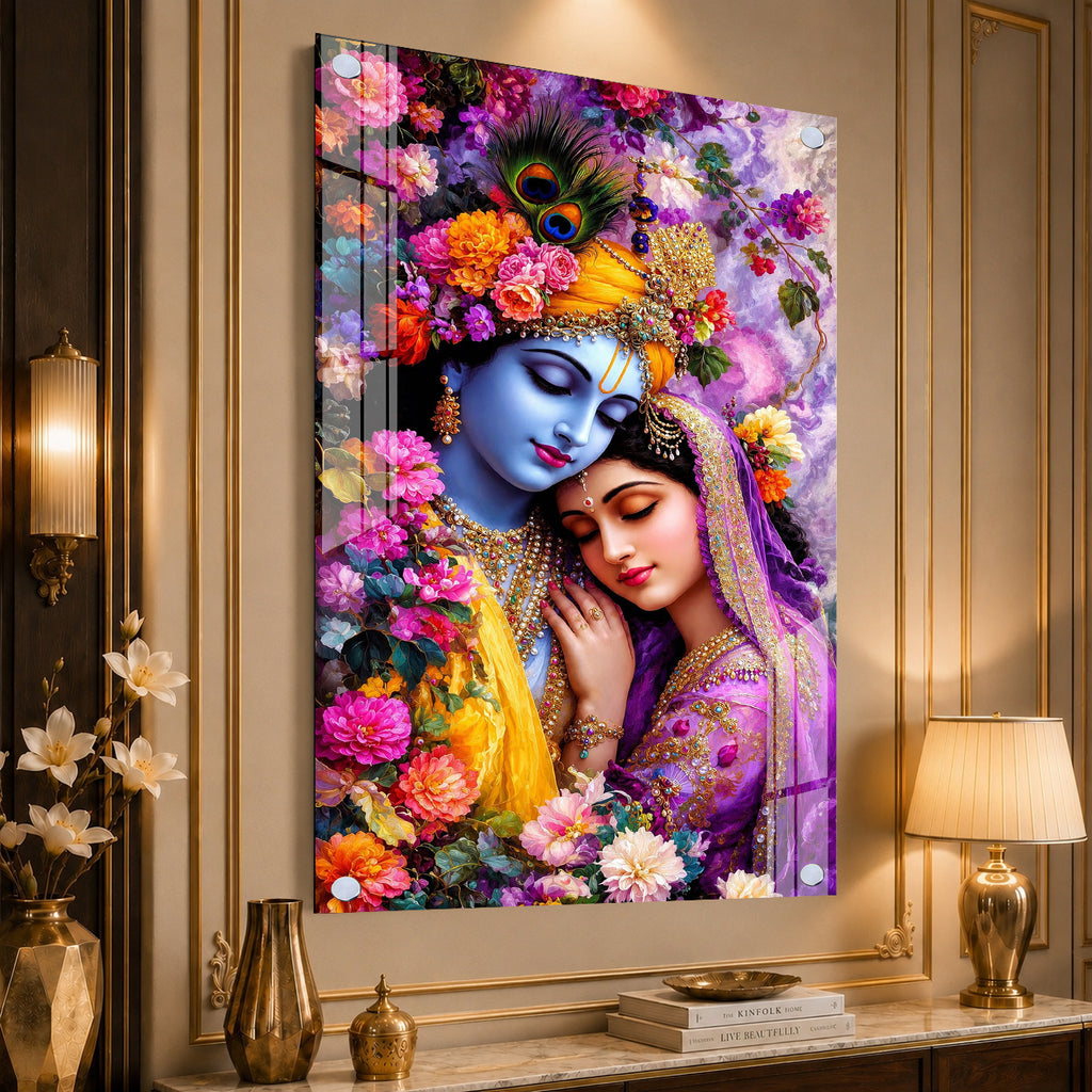Divine Radha Krishna Floral Acrylic Wall Painting for Home Temple, Bedroom and Living Room Decor
