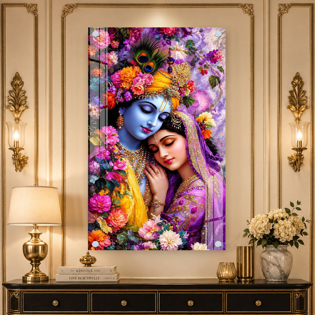 Divine Radha Krishna Floral Acrylic Wall Painting for Home Temple, Bedroom and Living Room Decor