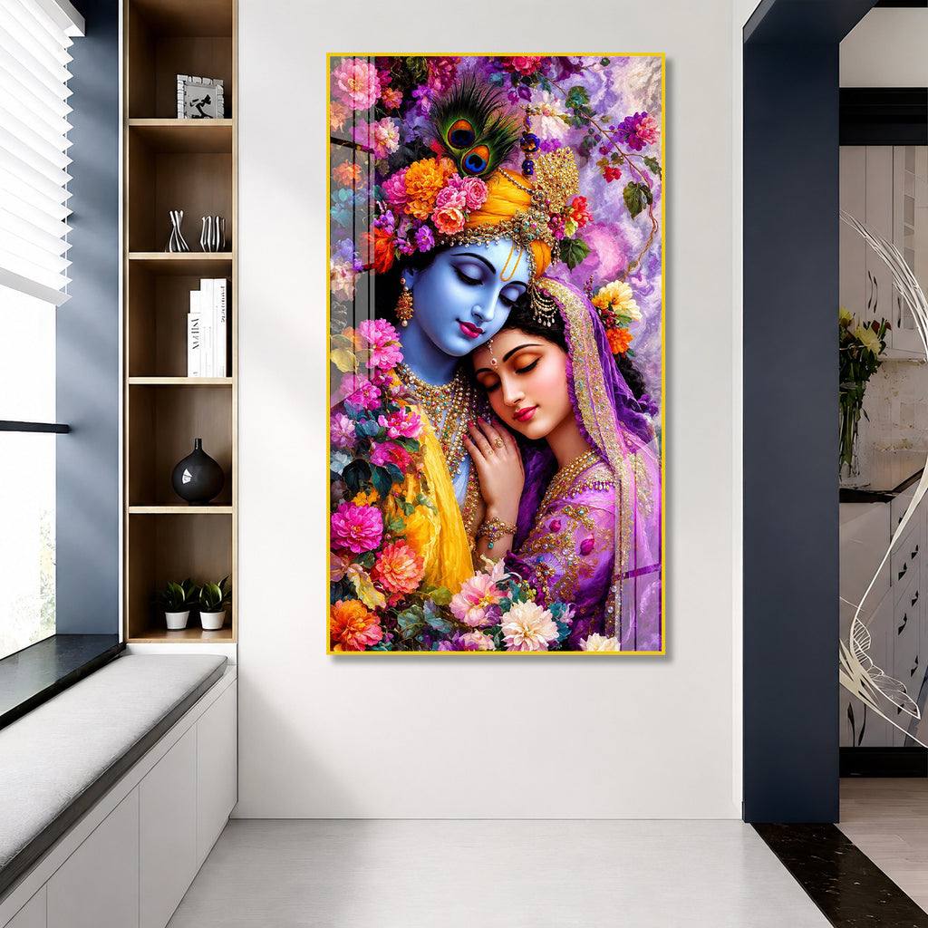 Divine Radha Krishna Floral Acrylic Wall Painting for Home Temple, Bedroom and Living Room Decor