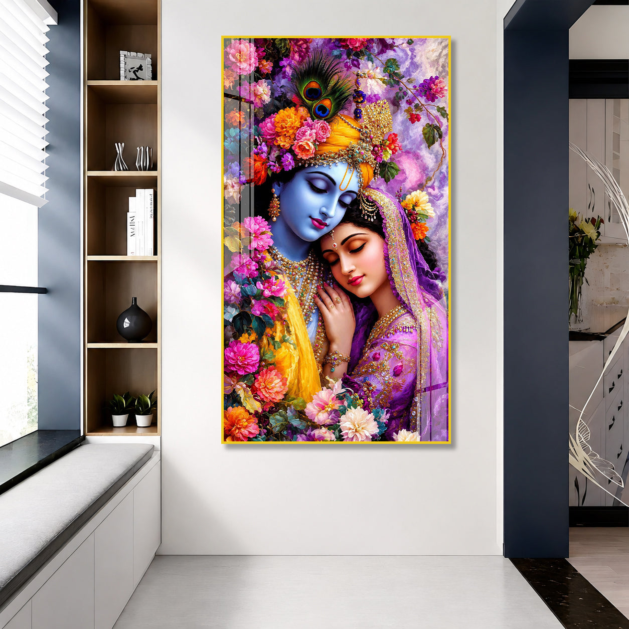 Divine Radha Krishna Floral Acrylic Wall Painting for Home Temple, Bedroom and Living Room Decor