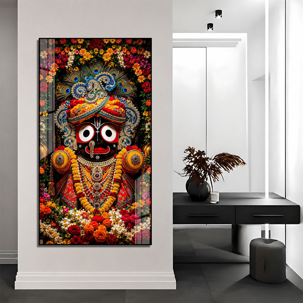 Jagannath Ji Wall Art Acrylic Painting, Colorful Hindu God Artwork with Floral Decoration for Spiritual Home Decor