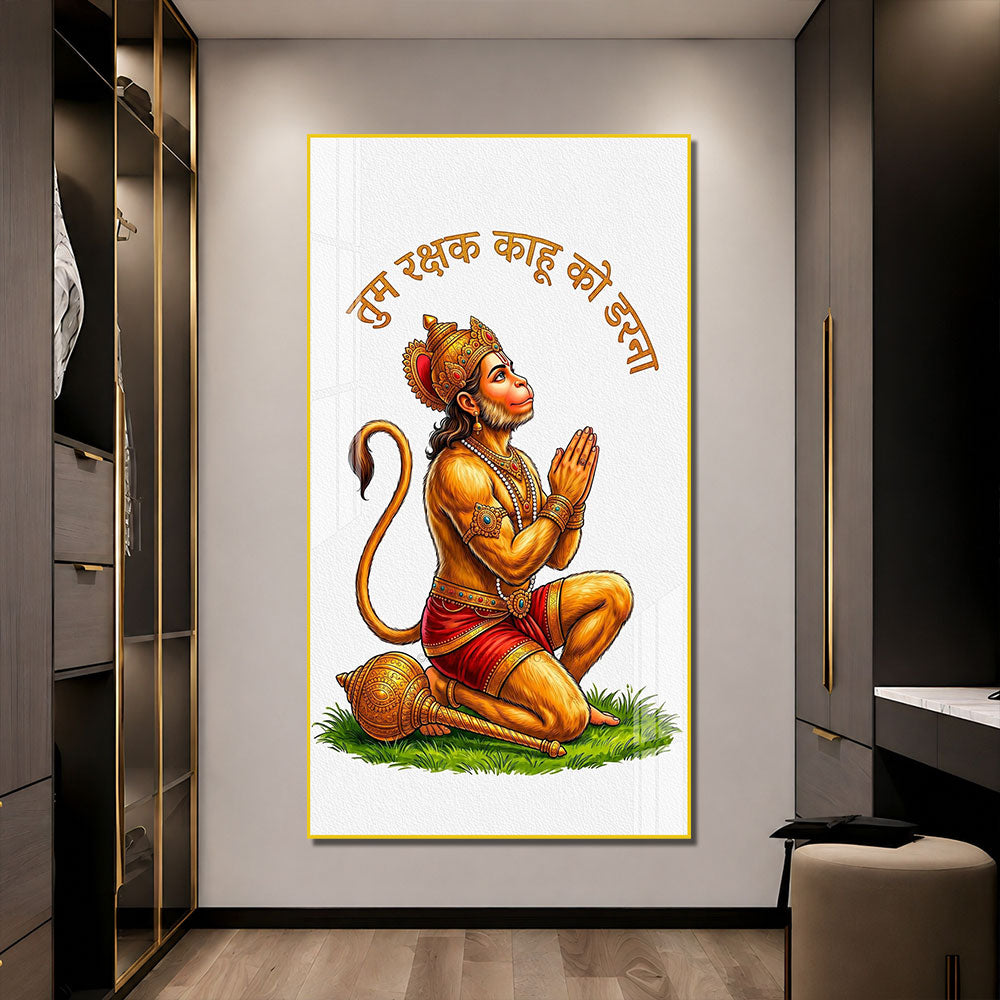 Lord Hanuman Prayer Pose Acrylic Wall Painting for Religious Home Decoration