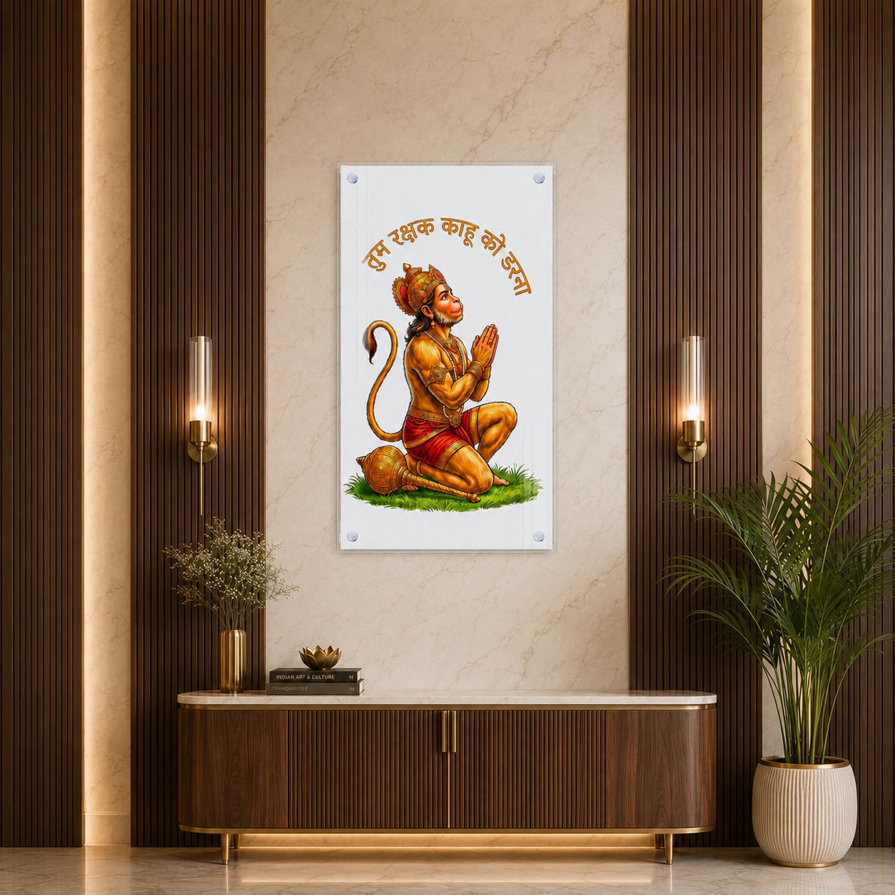 Lord Hanuman Prayer Pose Acrylic Wall Painting for Religious Home Decoration