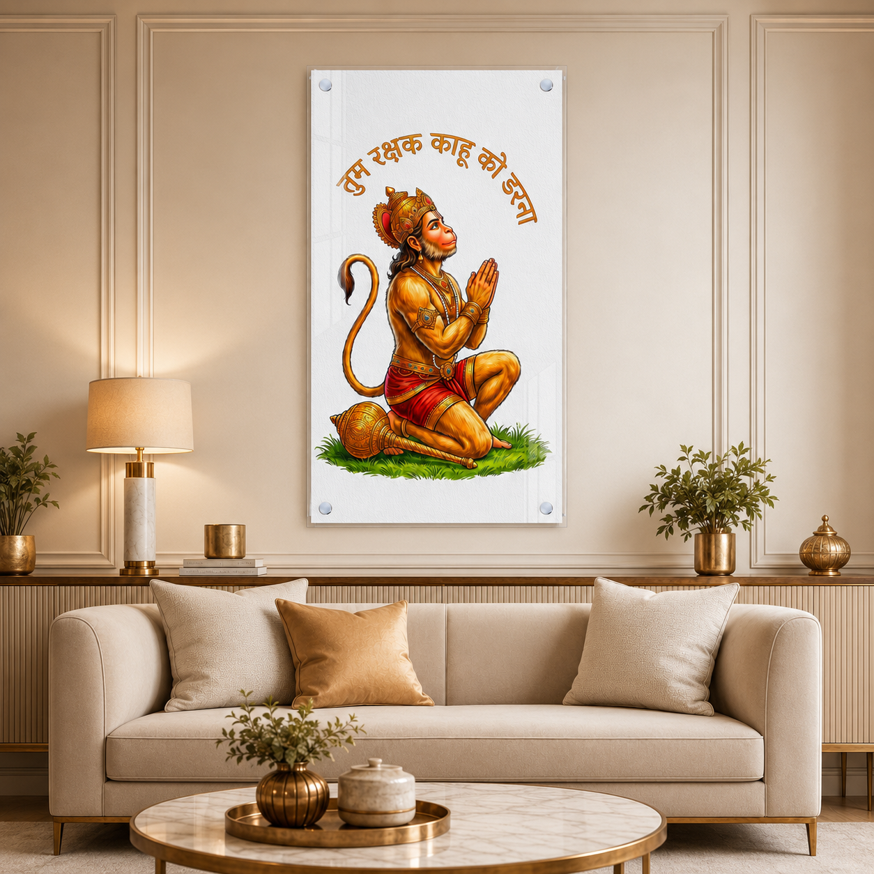 Lord Hanuman Prayer Pose Acrylic Wall Painting for Religious Home Decoration