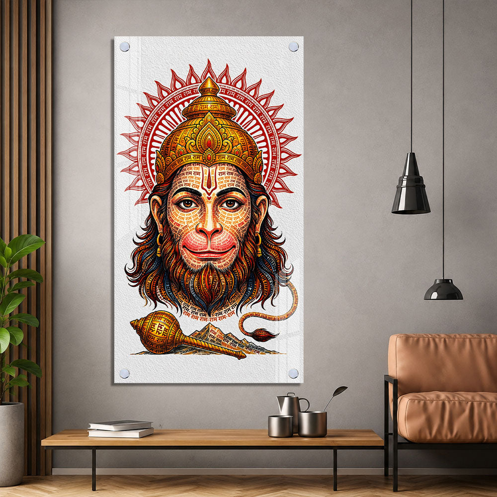 Sacred Ram Naam Hanuman Face Premium Acrylic Wall Art for Pooja Room Decoration