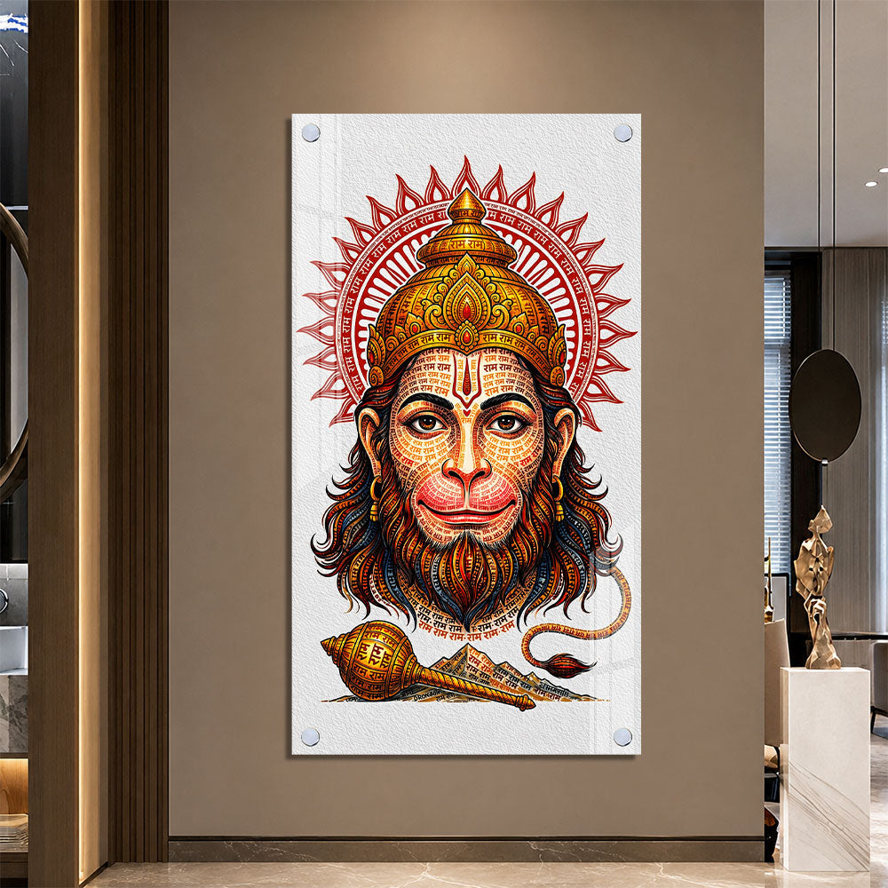 Sacred Ram Naam Hanuman Face Premium Acrylic Wall Art for Pooja Room Decoration