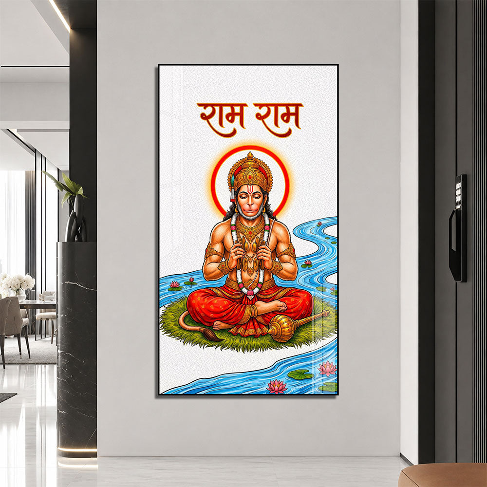 Lord Hanuman Meditating Near Lotus River Acrylic Wall Painting for Spiritual Decor
