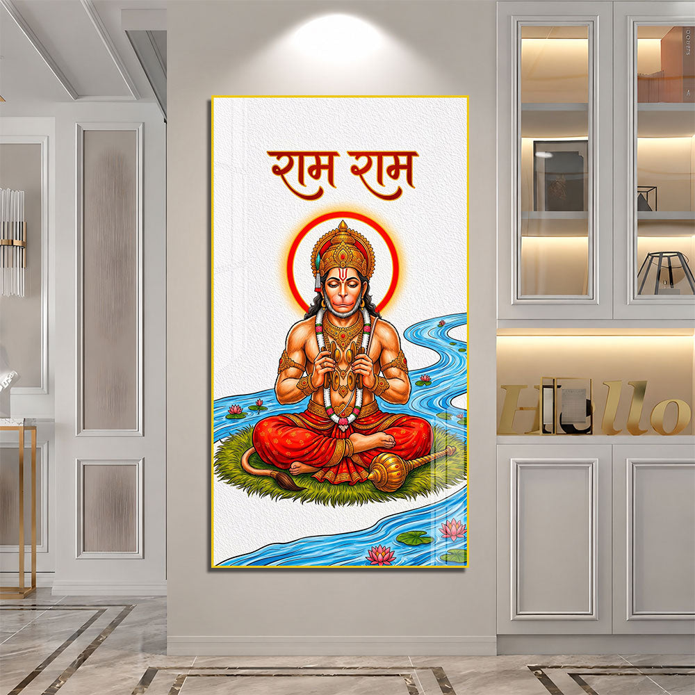Lord Hanuman Meditating Near Lotus River Acrylic Wall Painting for Spiritual Decor
