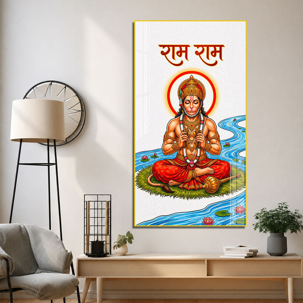 Lord Hanuman Meditating Near Lotus River Acrylic Wall Painting for Spiritual Decor