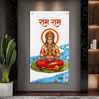 Lord Hanuman Meditating Near Lotus River Acrylic Wall Painting for Spiritual Decor