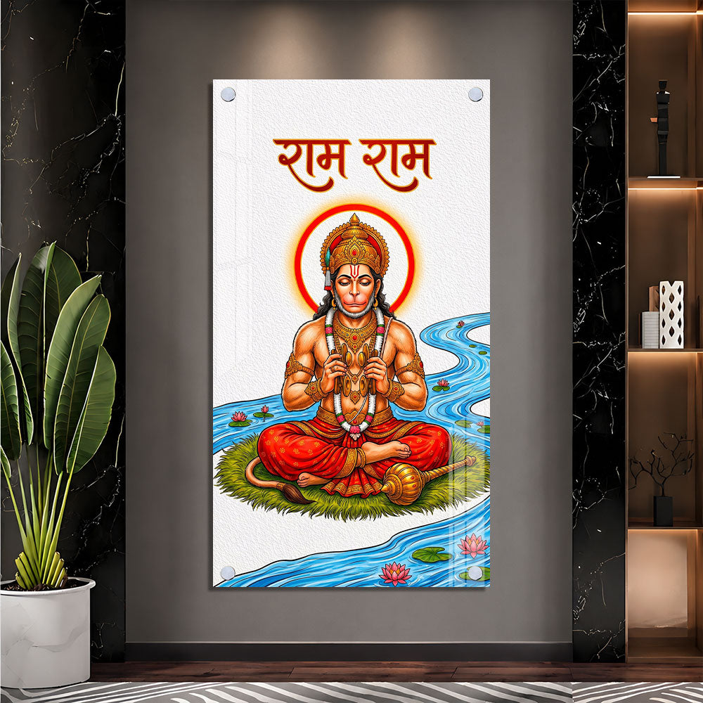 Lord Hanuman Meditating Near Lotus River Acrylic Wall Painting for Spiritual Decor