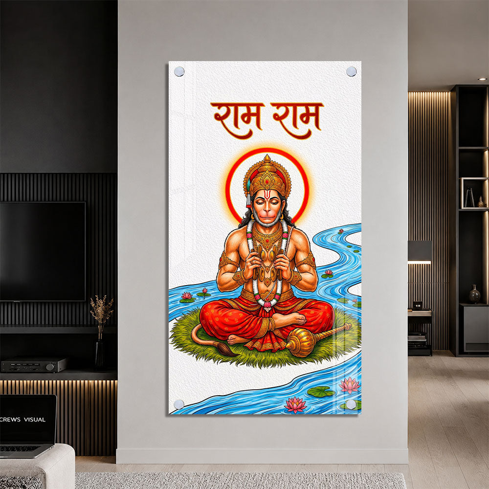 Lord Hanuman Meditating Near Lotus River Acrylic Wall Painting for Spiritual Decor
