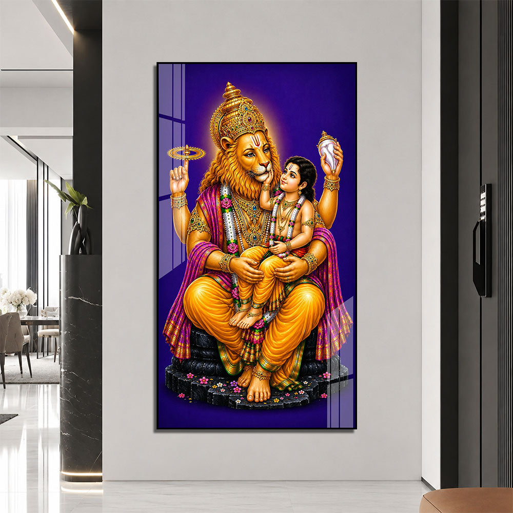 Sacred Narasimha Bhagwan with Prahlada Acrylic Painting for Home Decoration