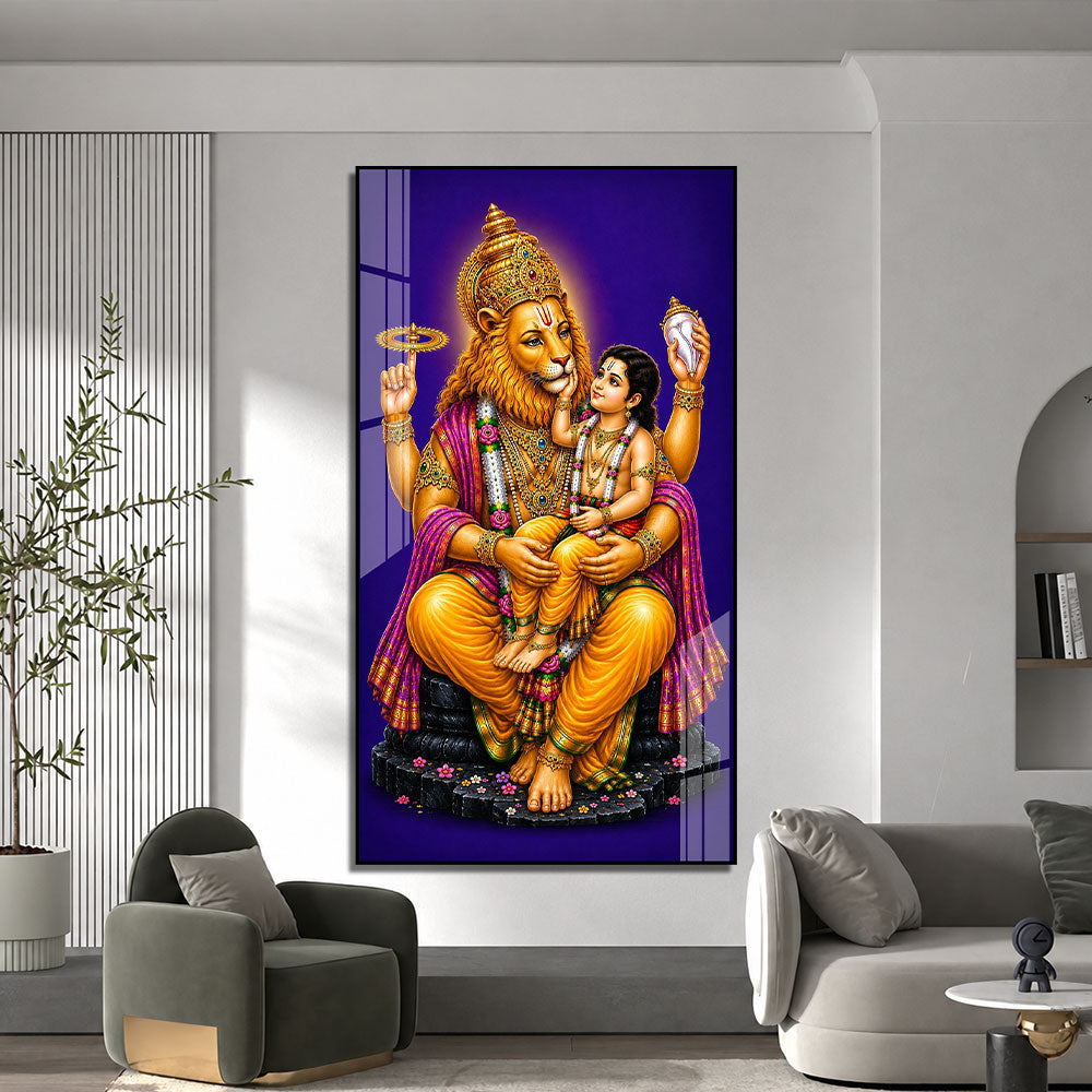 Sacred Narasimha Bhagwan with Prahlada Acrylic Painting for Home Decoration