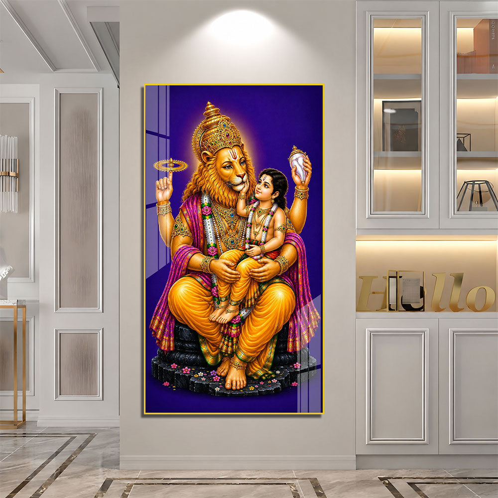 Sacred Narasimha Bhagwan with Prahlada Acrylic Painting for Home Decoration