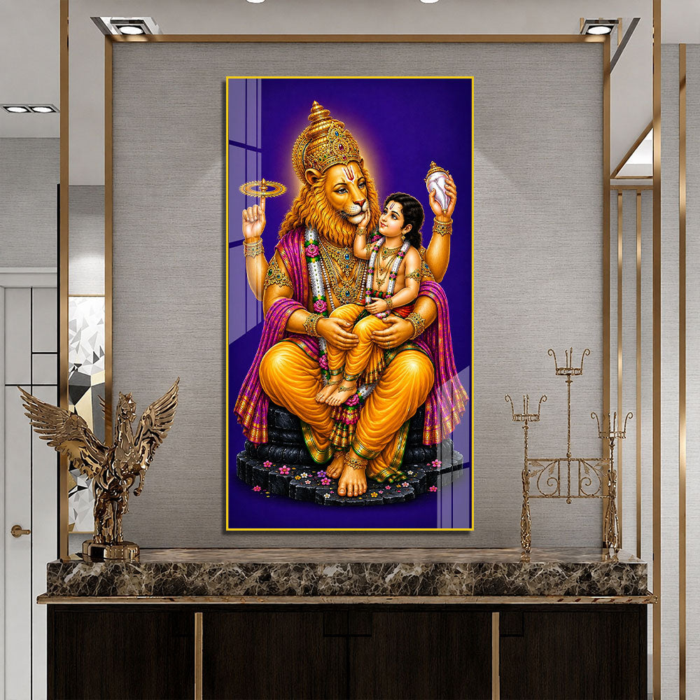 Sacred Narasimha Bhagwan with Prahlada Acrylic Painting for Home Decoration