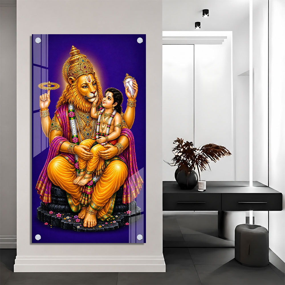 Sacred Narasimha Bhagwan with Prahlada Acrylic Painting for Home Decoration