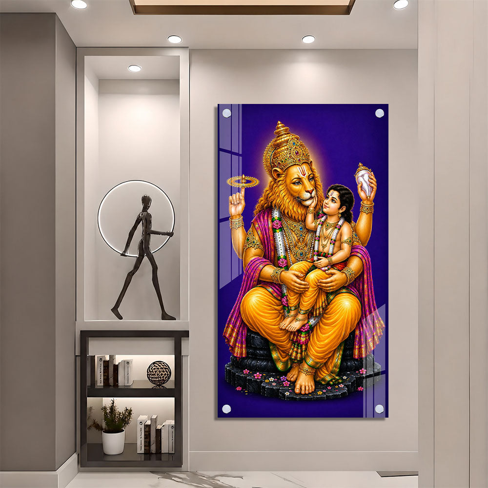 Sacred Narasimha Bhagwan with Prahlada Acrylic Painting for Home Decoration