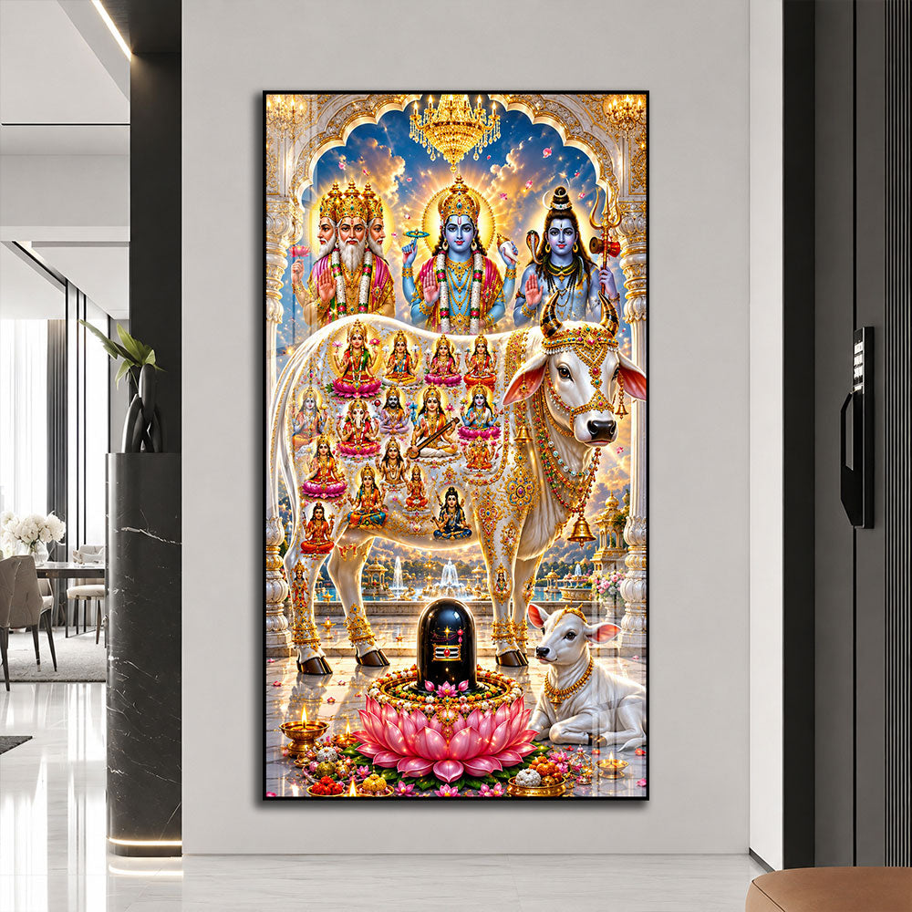 Hindu Gods Brahma Vishnu Mahesh Acrylic Painting with Sacred Kamdhenu Cow