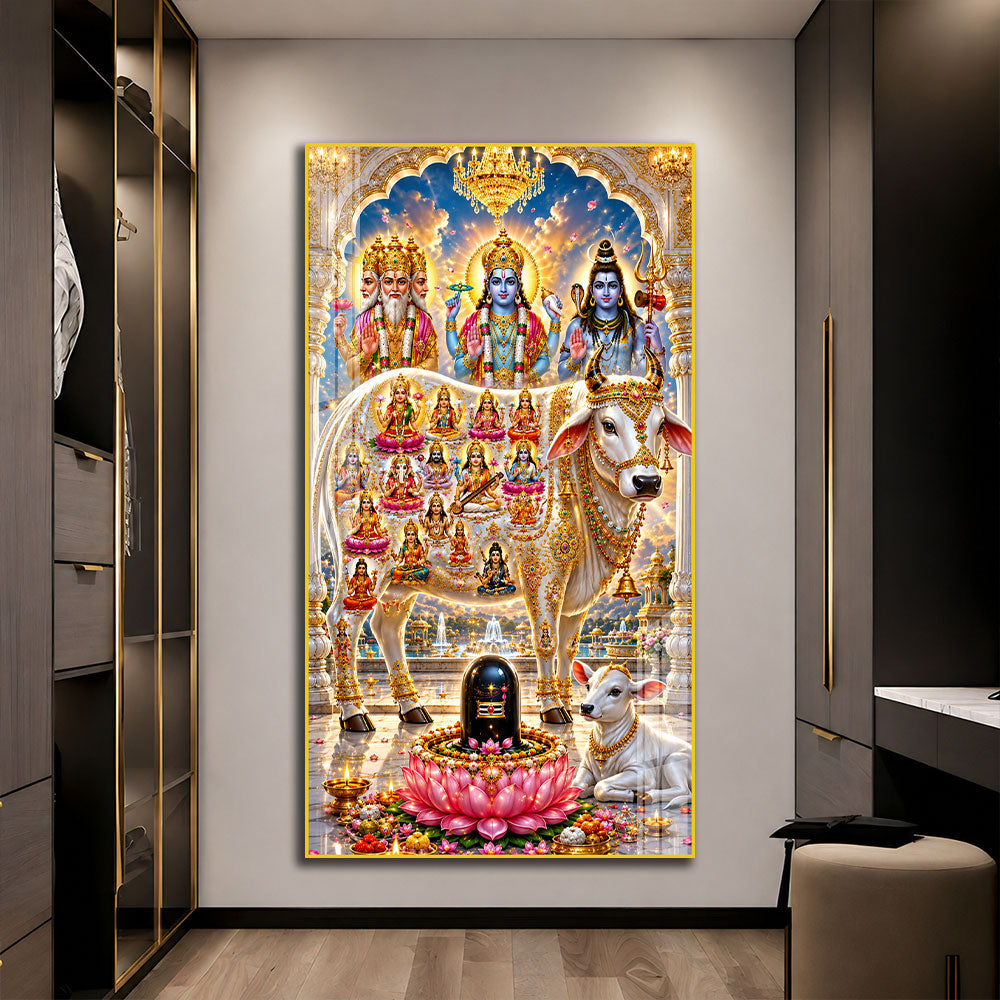 Hindu Gods Brahma Vishnu Mahesh Acrylic Painting with Sacred Kamdhenu Cow