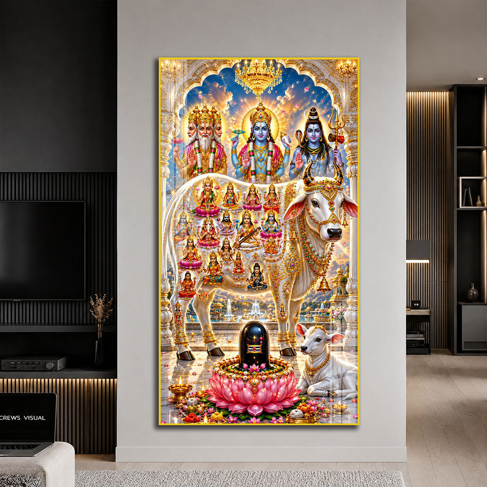 Hindu Gods Brahma Vishnu Mahesh Acrylic Painting with Sacred Kamdhenu Cow