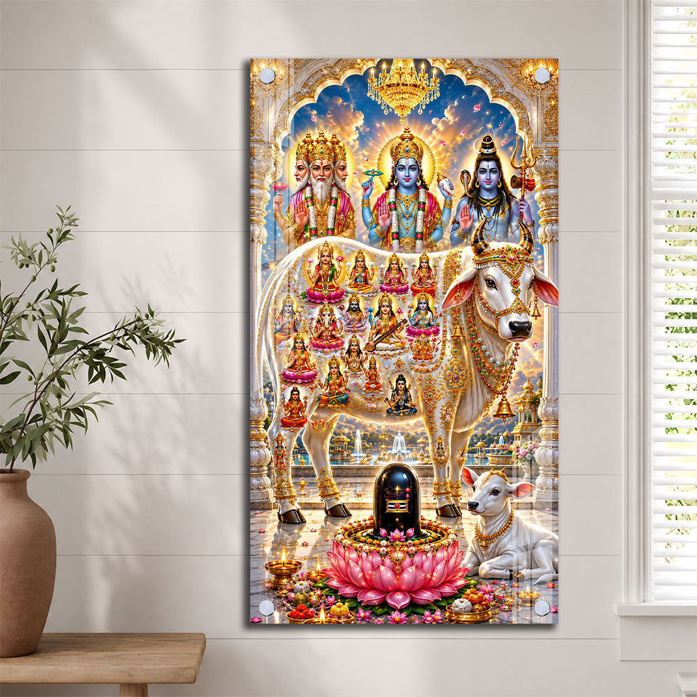 Hindu Gods Brahma Vishnu Mahesh Acrylic Painting with Sacred Kamdhenu Cow