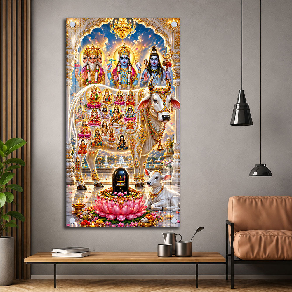 Hindu Gods Brahma Vishnu Mahesh Acrylic Painting with Sacred Kamdhenu Cow