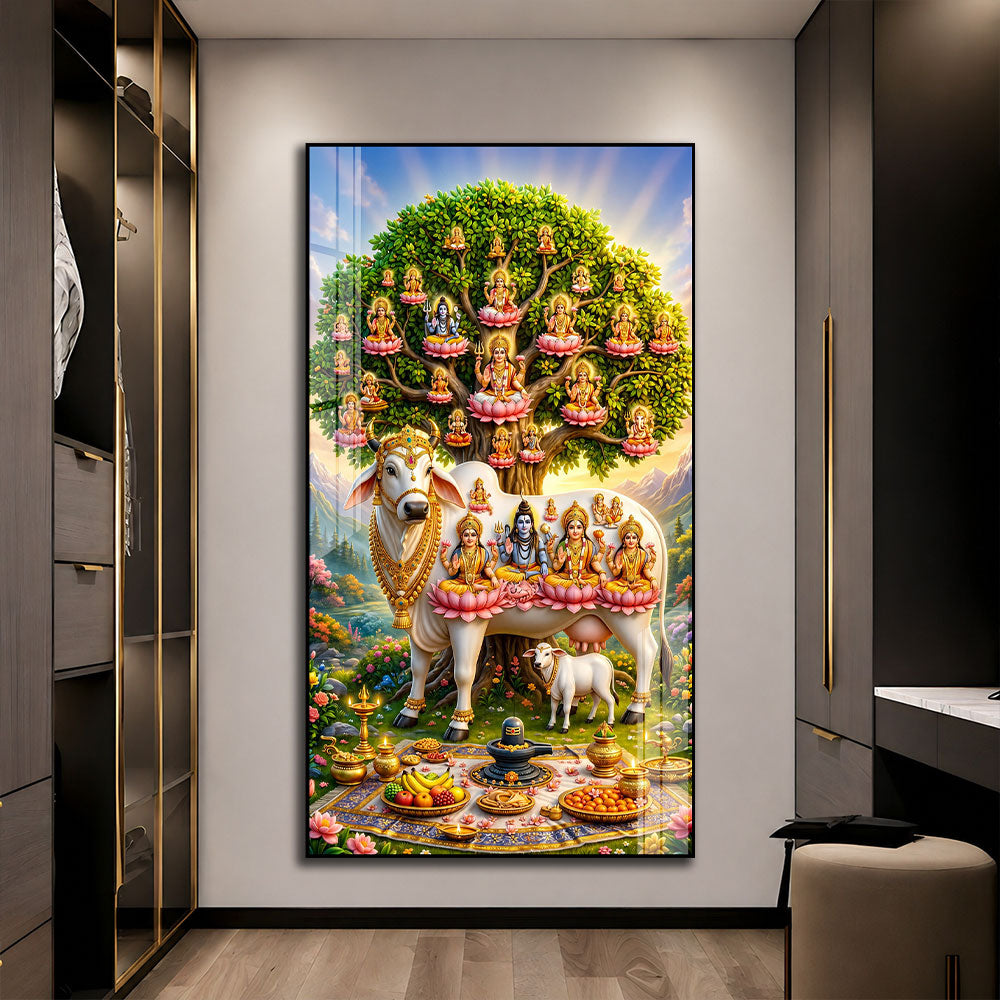 Divine Kamdhenu Mata with Brahma Vishnu Mahesh Acrylic Painting for Home Decor