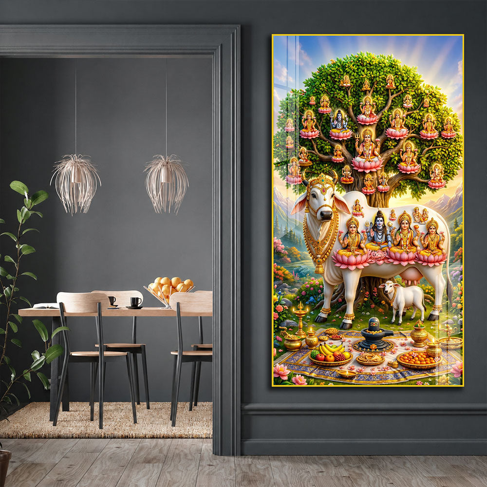 Divine Kamdhenu Mata with Brahma Vishnu Mahesh Acrylic Painting for Home Decor