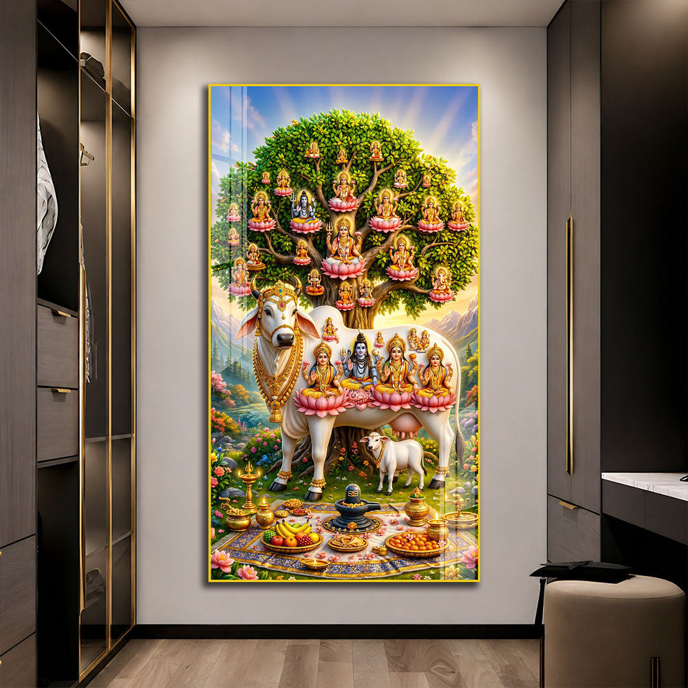 Divine Kamdhenu Mata with Brahma Vishnu Mahesh Acrylic Painting for Home Decor
