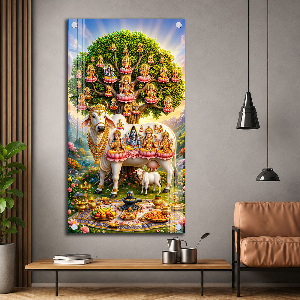 Divine Kamdhenu Mata with Brahma Vishnu Mahesh Acrylic Painting for Home Decor