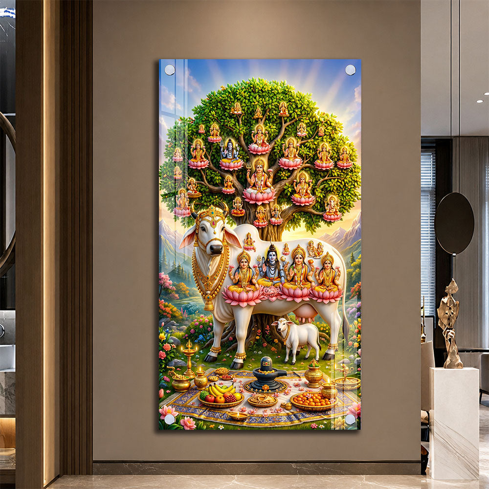 Divine Kamdhenu Mata with Brahma Vishnu Mahesh Acrylic Painting for Home Decor