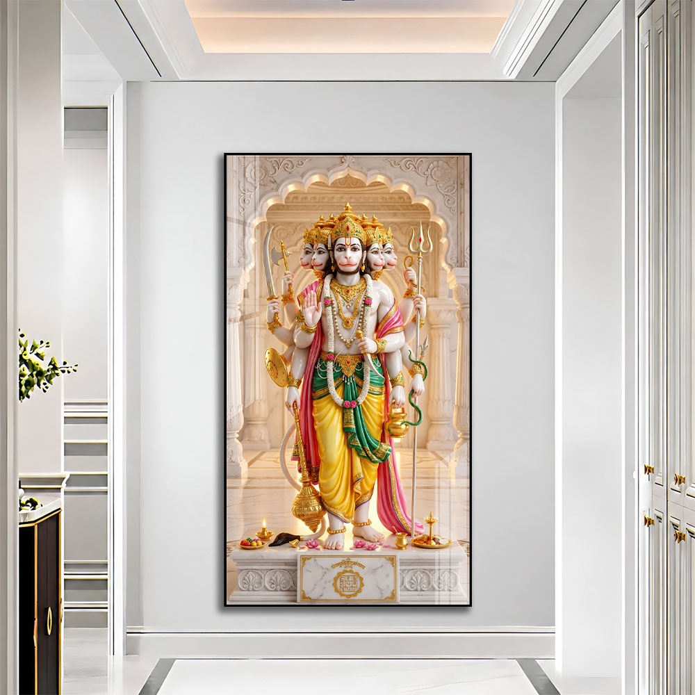 Five Faced Lord Hanuman with Sacred Weapons Acrylic Wall Art for Home Temple