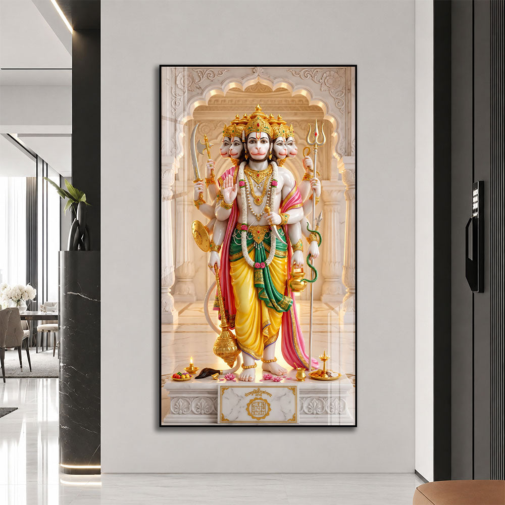 Five Faced Lord Hanuman with Sacred Weapons Acrylic Wall Art for Home Temple