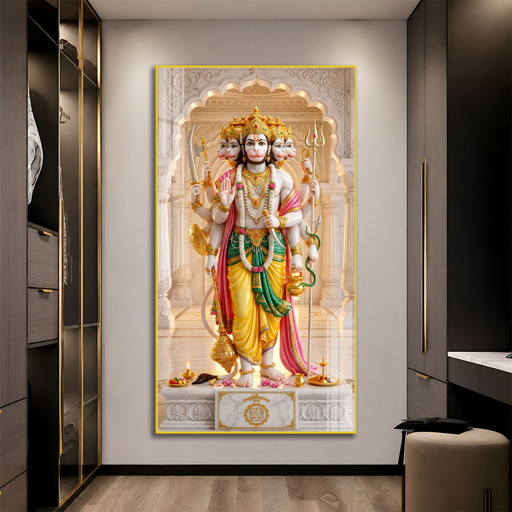 Five Faced Lord Hanuman with Sacred Weapons Acrylic Wall Art for Home Temple