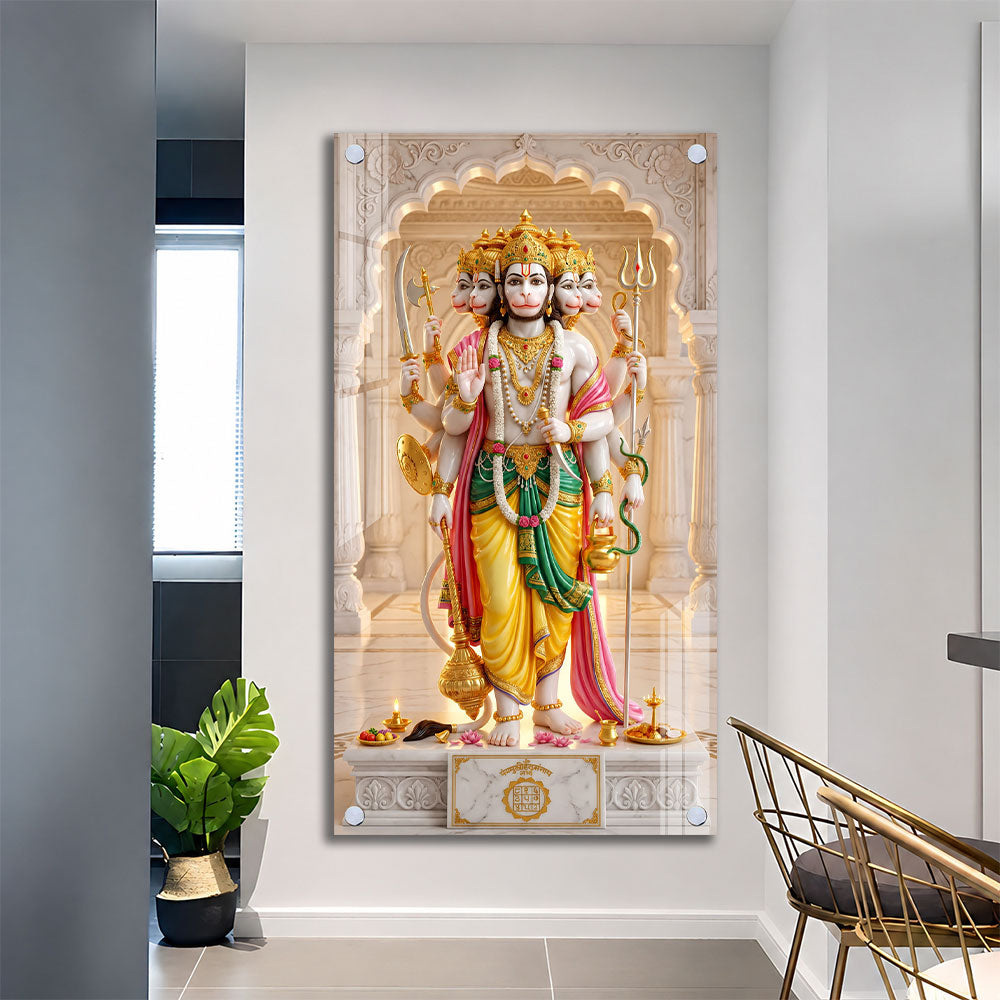 Five Faced Lord Hanuman with Sacred Weapons Acrylic Wall Art for Home Temple
