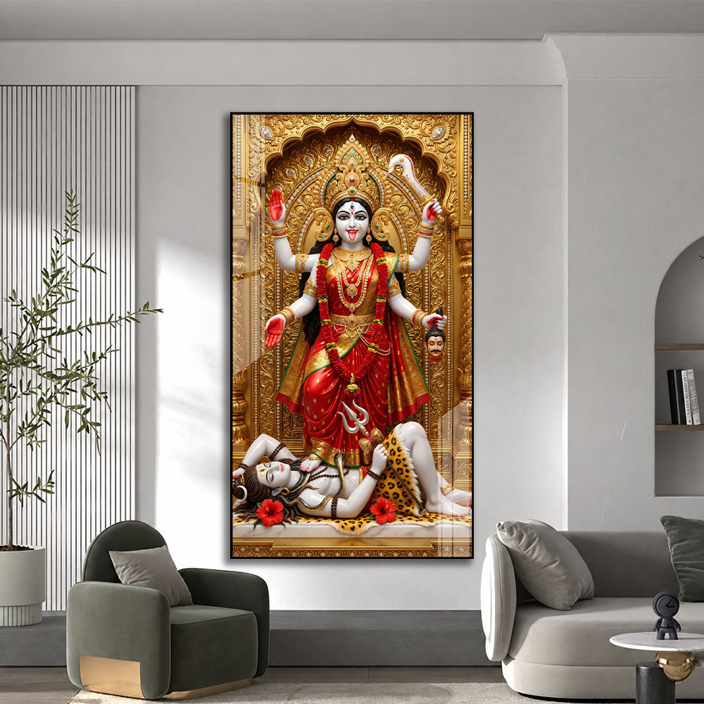 Divine Mahakali Standing on Shiva Premium Acrylic Painting for Meditation Room