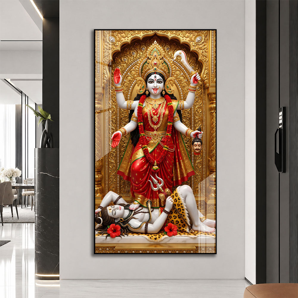 Divine Mahakali Standing on Shiva Premium Acrylic Painting for Meditation Room