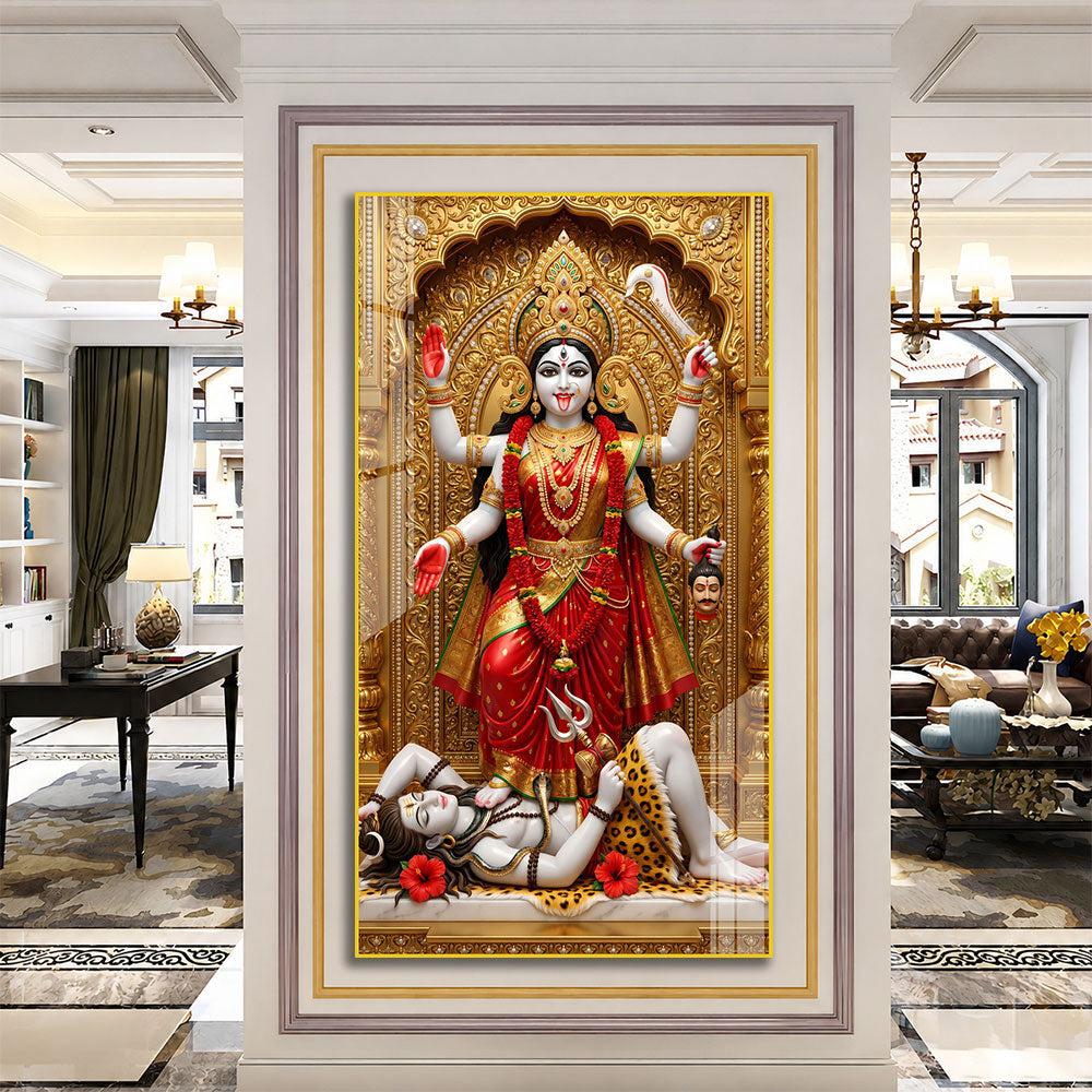 Divine Mahakali Standing on Shiva Premium Acrylic Painting for Meditation Room