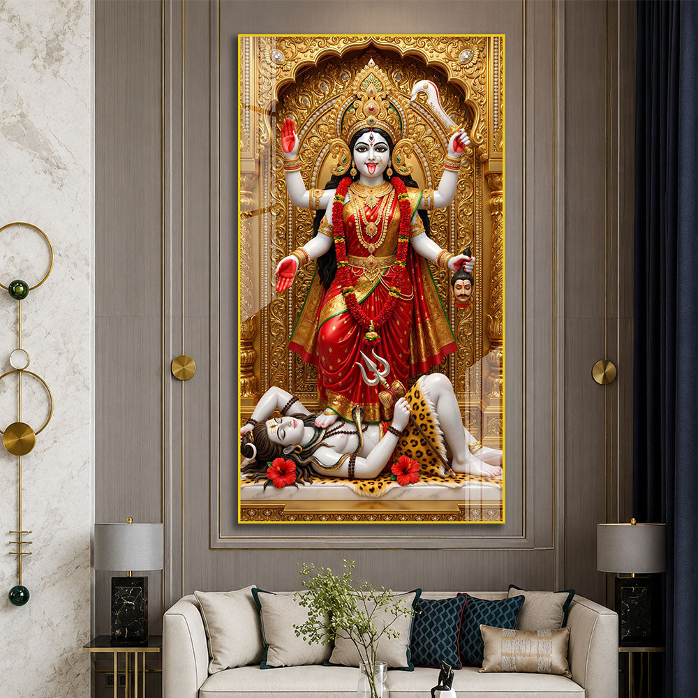 Divine Mahakali Standing on Shiva Premium Acrylic Painting for Meditation Room