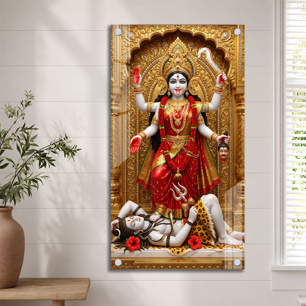 Divine Mahakali Standing on Shiva Premium Acrylic Painting for Meditation Room