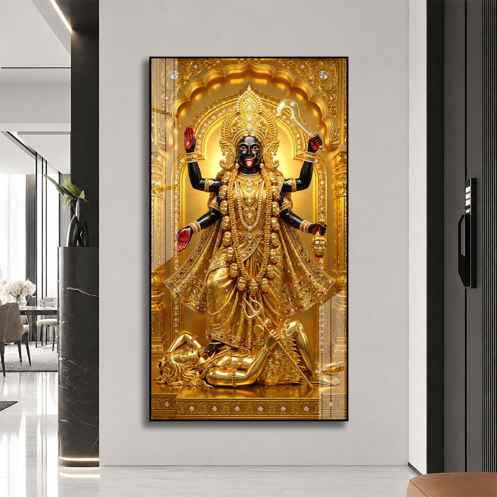 Golden Goddess Maa Kali Standing on Lord Shiva Acrylic Wall Painting for Home Decor