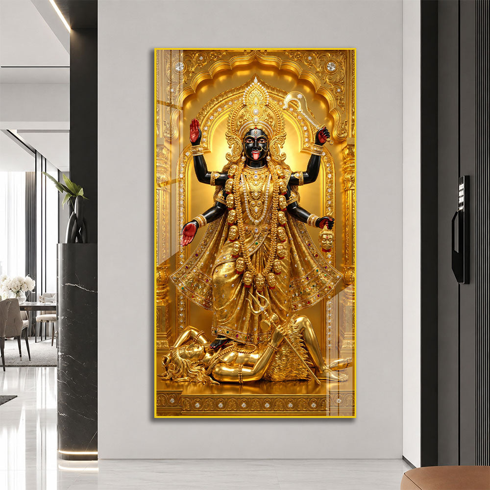 Golden Goddess Maa Kali Standing on Lord Shiva Acrylic Wall Painting for Home Decor